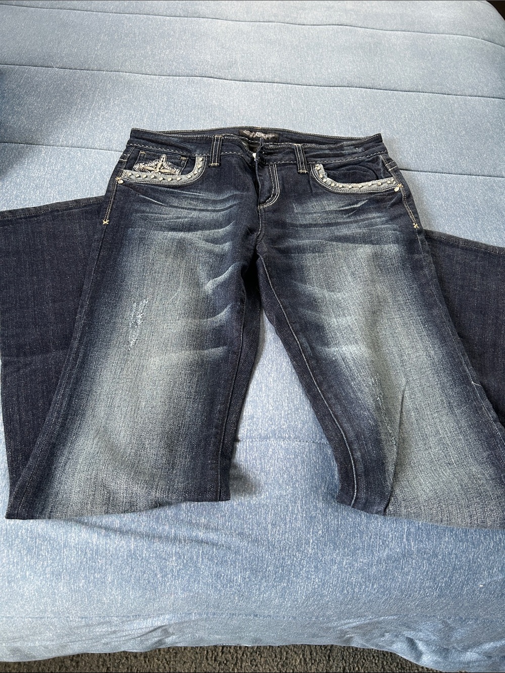 Cello Dark Blue Boot Cut Jeans with Silver Embellishment
